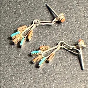 Vintage Zuni Sterling  Linked Dangle Earrings with Turquoise & Spiny oyster
